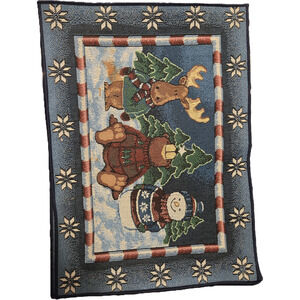 ​Winter Lodge Tapestry Placemats Set of 2 Moose Bear Snowman Woven Blue